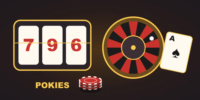Viva96 Casino games illustration with pokies reels, a roulette wheel and a playing card